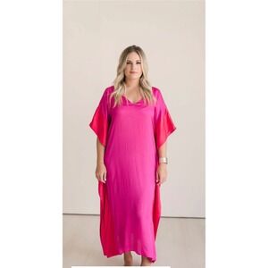 Heidi Houston Kaftan Dress Pink Magenta V-Neck Satin Maxi Resort Wear Small
